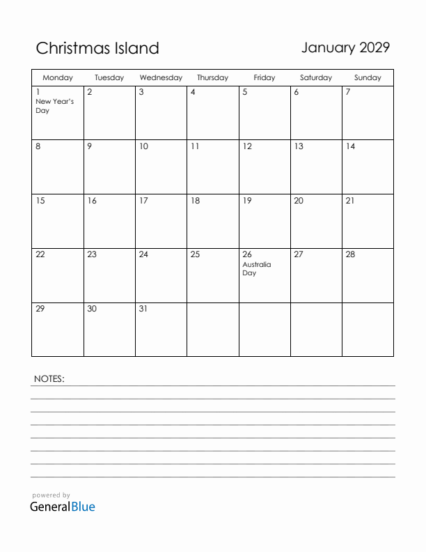 January 2029 Christmas Island Calendar with Holidays (Monday Start)