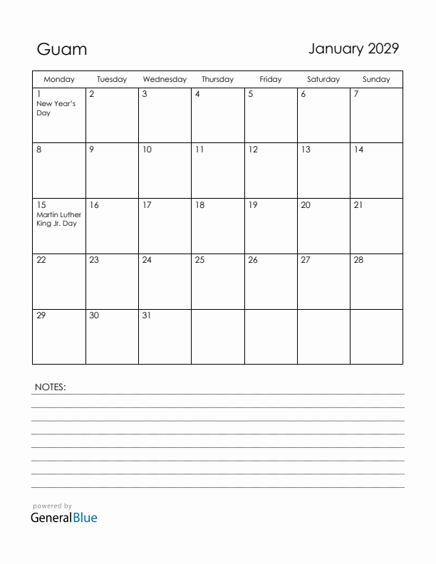 January 2029 Guam Calendar with Holidays (Monday Start)