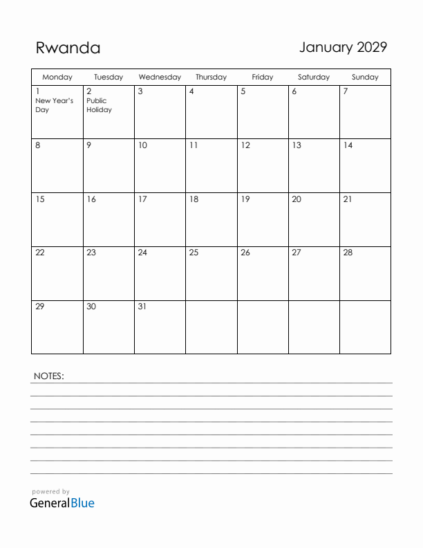 January 2029 Rwanda Calendar with Holidays (Monday Start)
