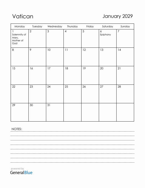 January 2029 Vatican Calendar with Holidays (Monday Start)