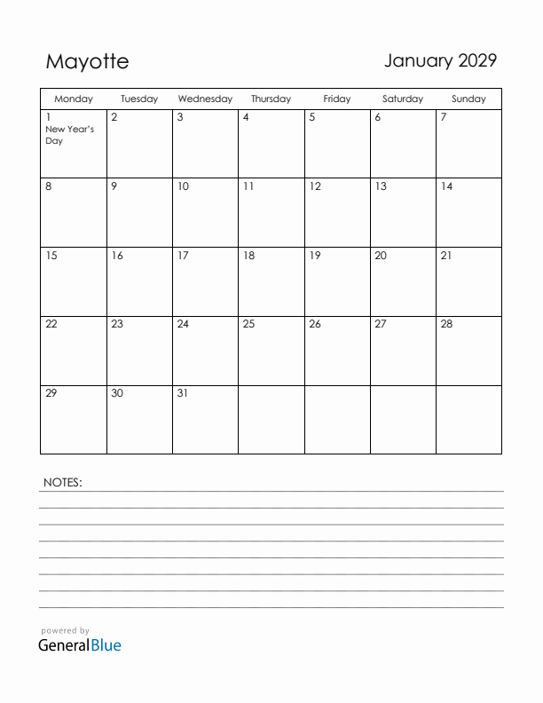 January 2029 Mayotte Calendar with Holidays (Monday Start)