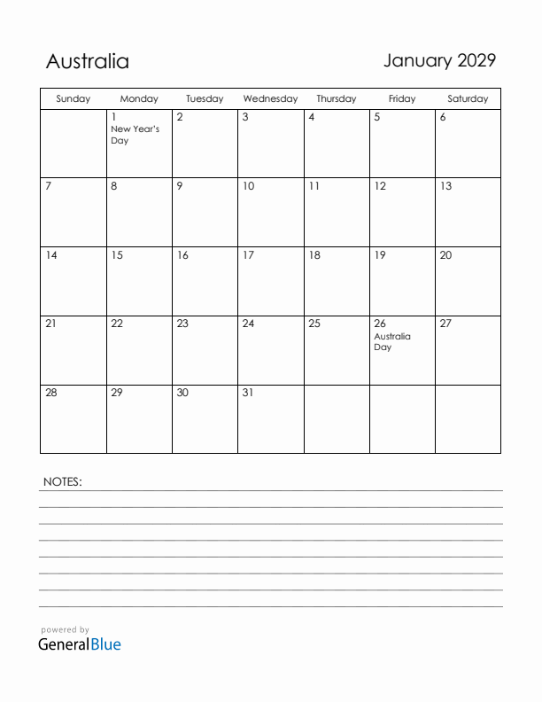 January 2029 Australia Calendar with Holidays (Sunday Start)