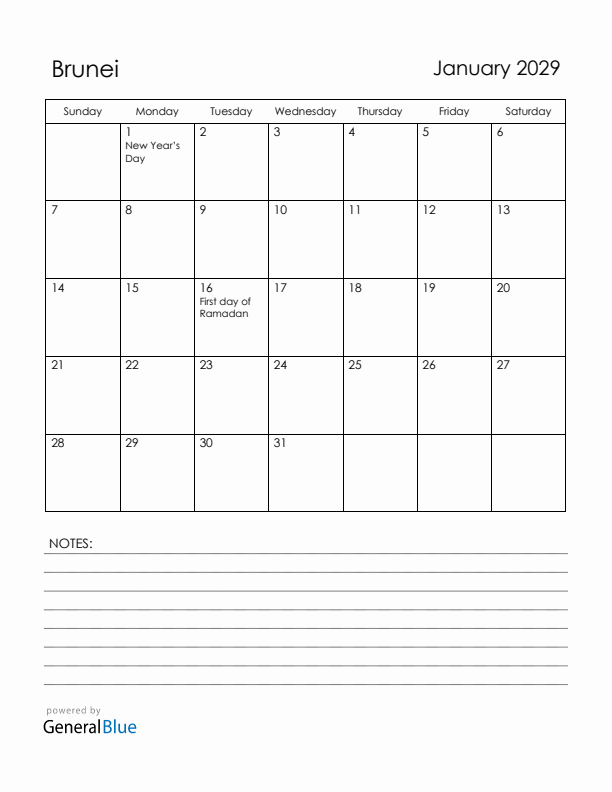 January 2029 Brunei Calendar with Holidays (Sunday Start)