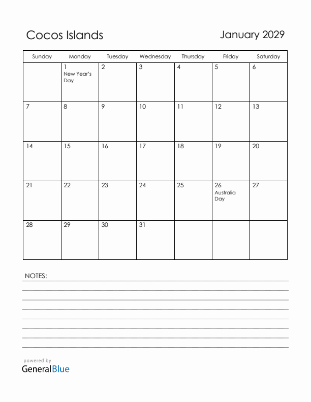 January 2029 Cocos Islands Calendar with Holidays (Sunday Start)