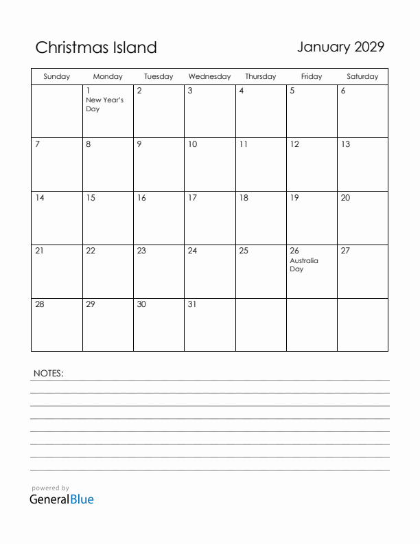 January 2029 Christmas Island Calendar with Holidays (Sunday Start)
