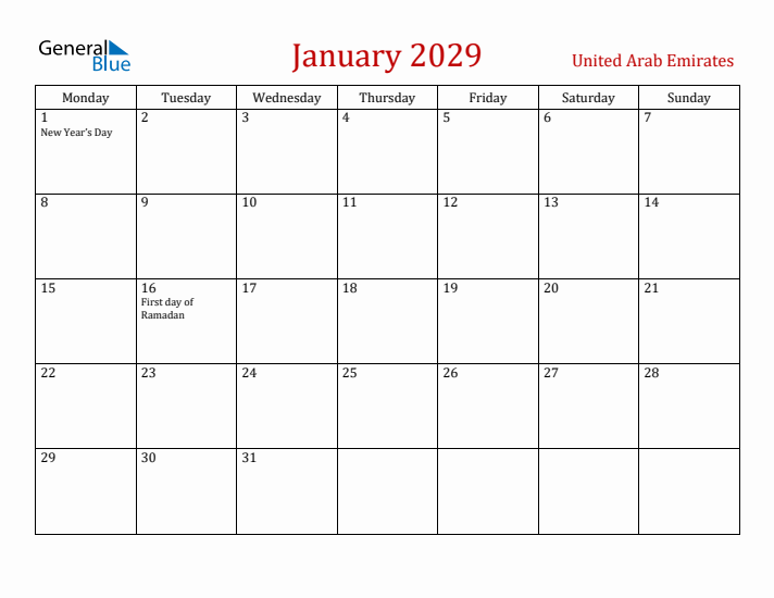 United Arab Emirates January 2029 Calendar - Monday Start
