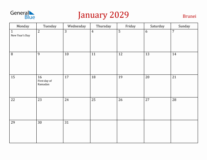 Brunei January 2029 Calendar - Monday Start
