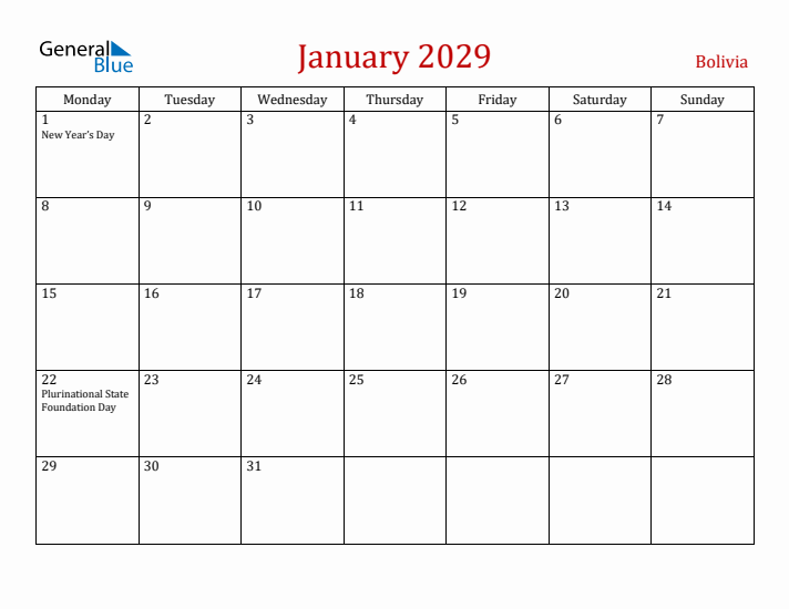 Bolivia January 2029 Calendar - Monday Start