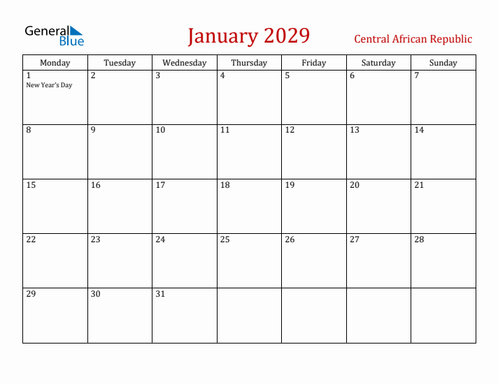 Central African Republic January 2029 Calendar - Monday Start