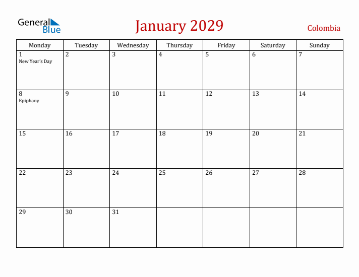 Colombia January 2029 Calendar - Monday Start