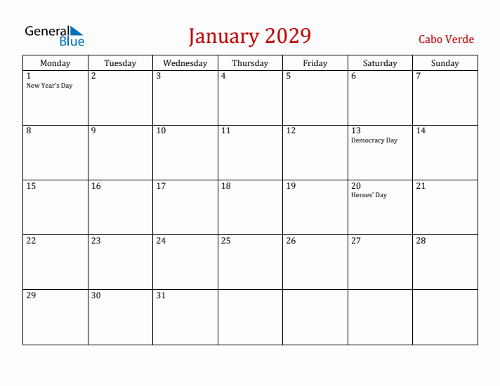 Cabo Verde January 2029 Calendar - Monday Start
