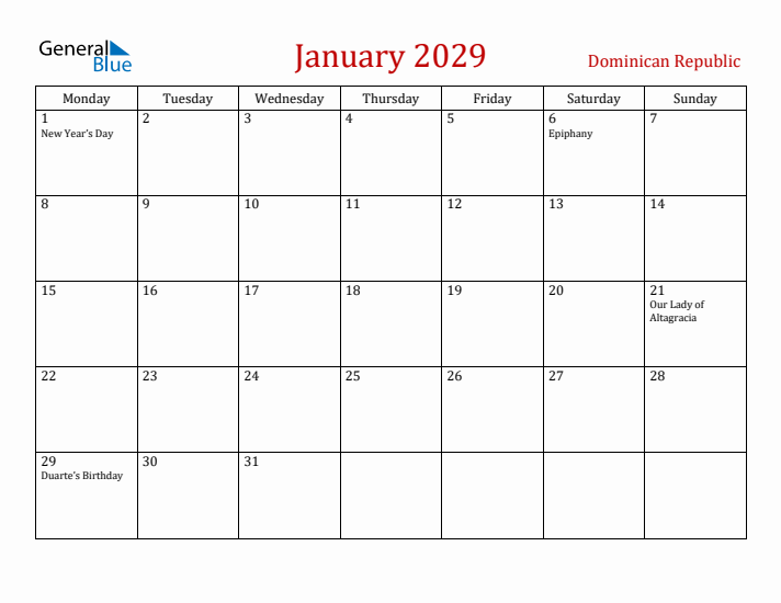 Dominican Republic January 2029 Calendar - Monday Start