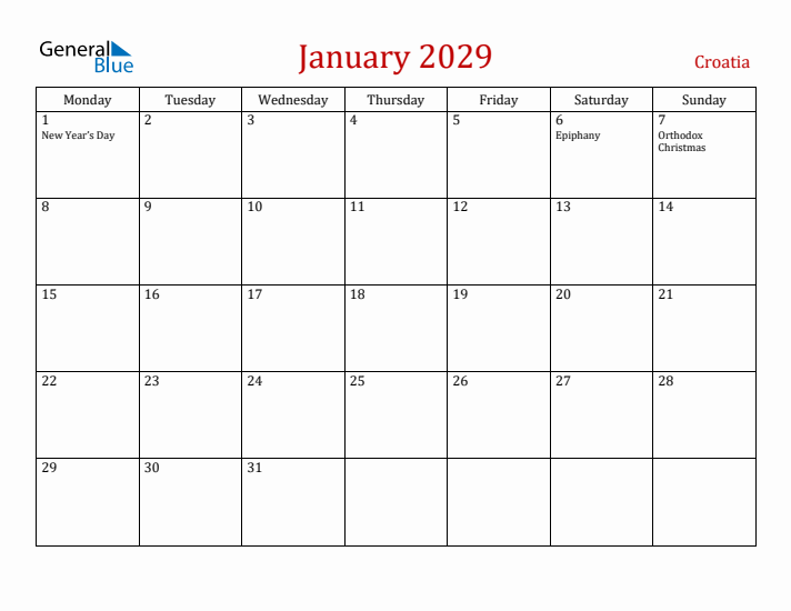 Croatia January 2029 Calendar - Monday Start