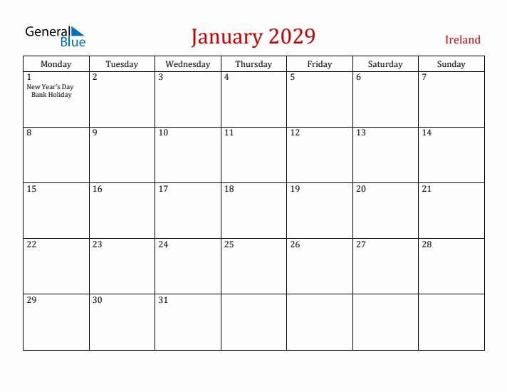 Ireland January 2029 Calendar - Monday Start