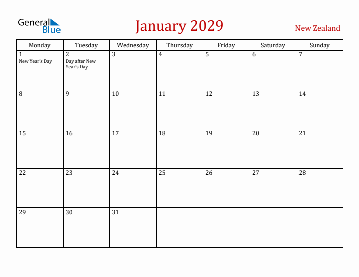 New Zealand January 2029 Calendar - Monday Start