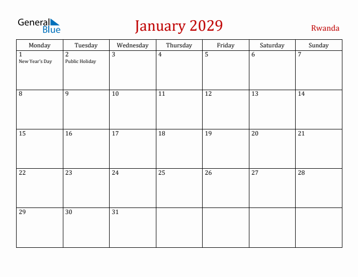 Rwanda January 2029 Calendar - Monday Start
