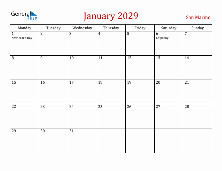 San Marino January 2029 Calendar - Monday Start