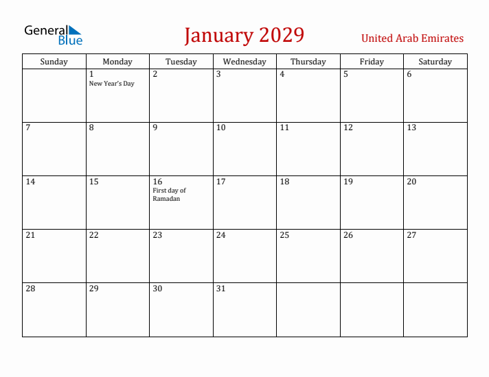 United Arab Emirates January 2029 Calendar - Sunday Start