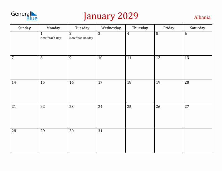 Albania January 2029 Calendar - Sunday Start