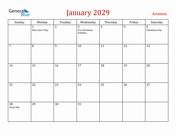 Armenia January 2029 Calendar - Sunday Start