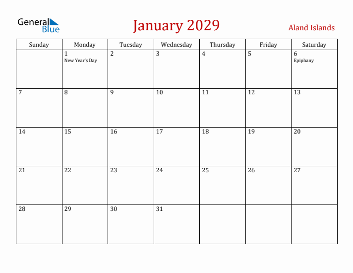 Aland Islands January 2029 Calendar - Sunday Start