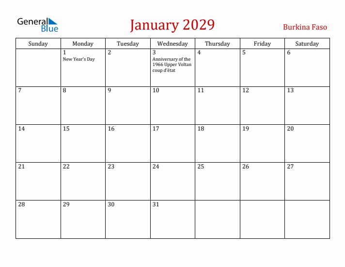 Burkina Faso January 2029 Calendar - Sunday Start