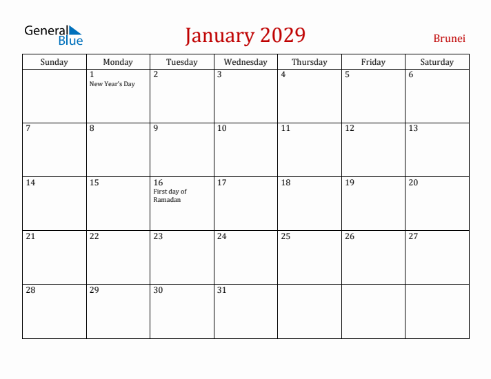 Brunei January 2029 Calendar - Sunday Start