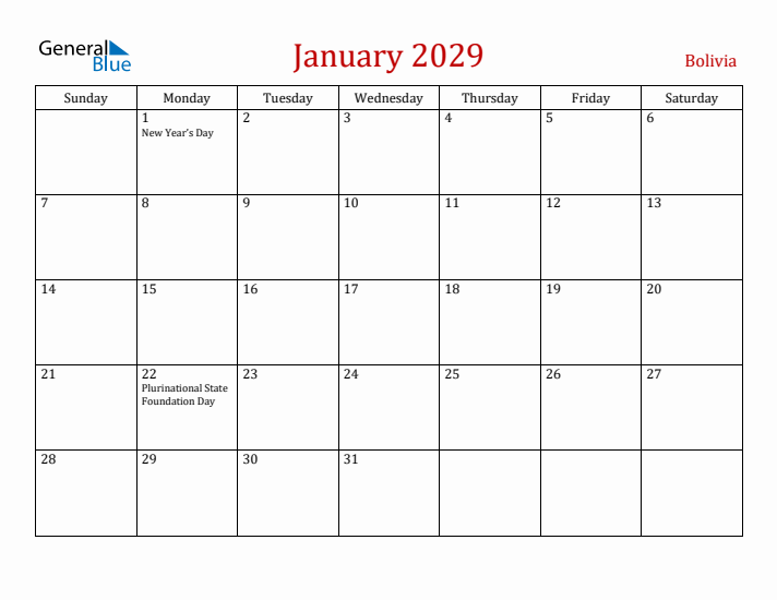 Bolivia January 2029 Calendar - Sunday Start