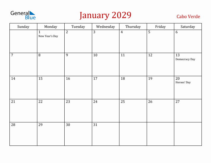 Cabo Verde January 2029 Calendar - Sunday Start