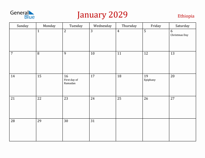 Ethiopia January 2029 Calendar - Sunday Start