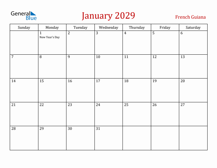 French Guiana January 2029 Calendar - Sunday Start