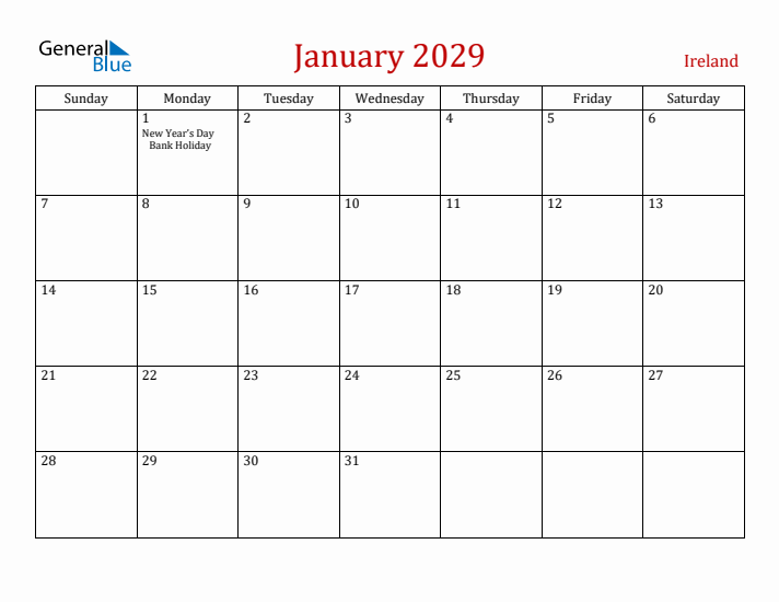 Ireland January 2029 Calendar - Sunday Start