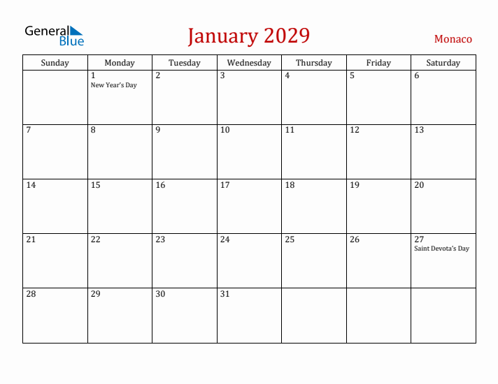 Monaco January 2029 Calendar - Sunday Start