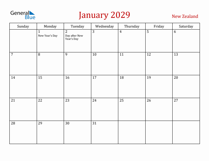 New Zealand January 2029 Calendar - Sunday Start