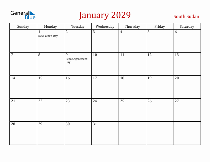 South Sudan January 2029 Calendar - Sunday Start