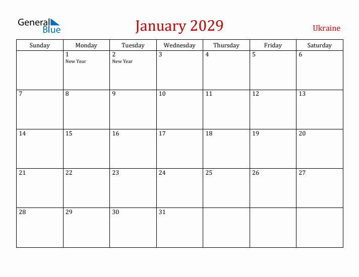 Ukraine January 2029 Calendar - Sunday Start