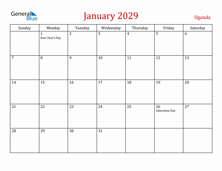 Uganda January 2029 Calendar - Sunday Start