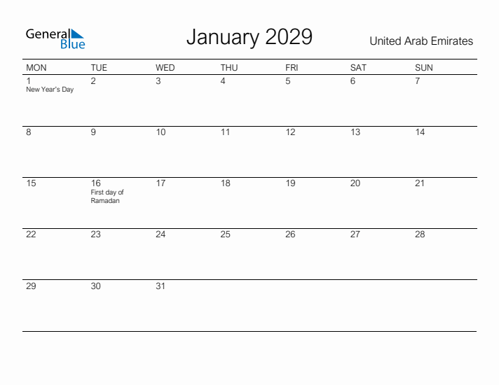Printable January 2029 Calendar for United Arab Emirates