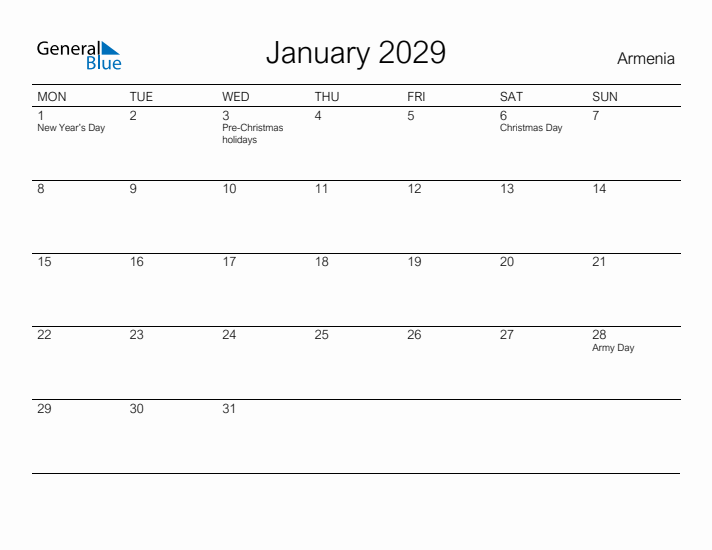 Printable January 2029 Calendar for Armenia