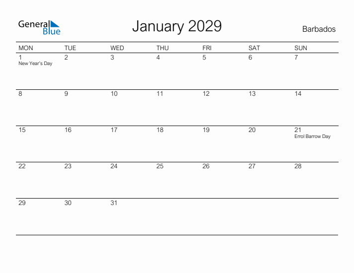 Printable January 2029 Calendar for Barbados
