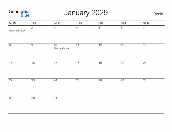 Printable January 2029 Calendar for Benin