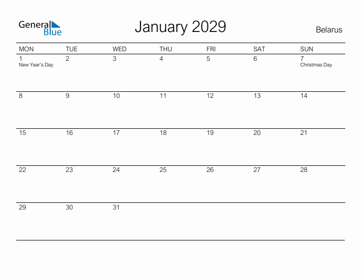 Printable January 2029 Calendar for Belarus