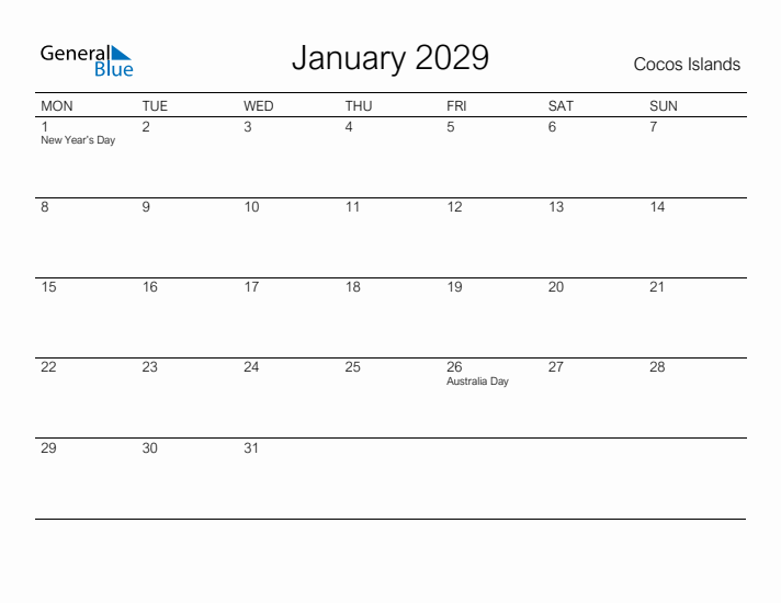 Printable January 2029 Calendar for Cocos Islands