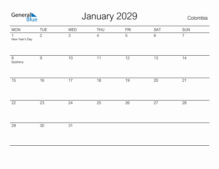 Printable January 2029 Calendar for Colombia