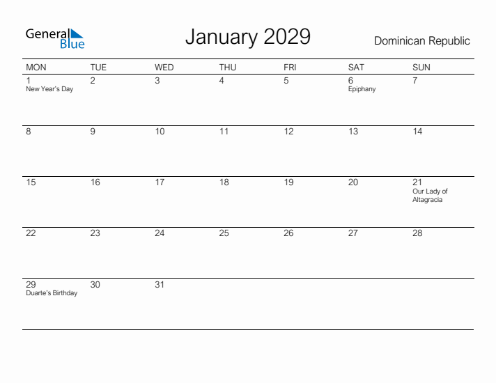 Printable January 2029 Calendar for Dominican Republic