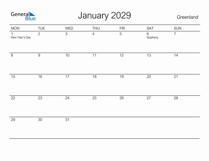 Printable January 2029 Calendar for Greenland