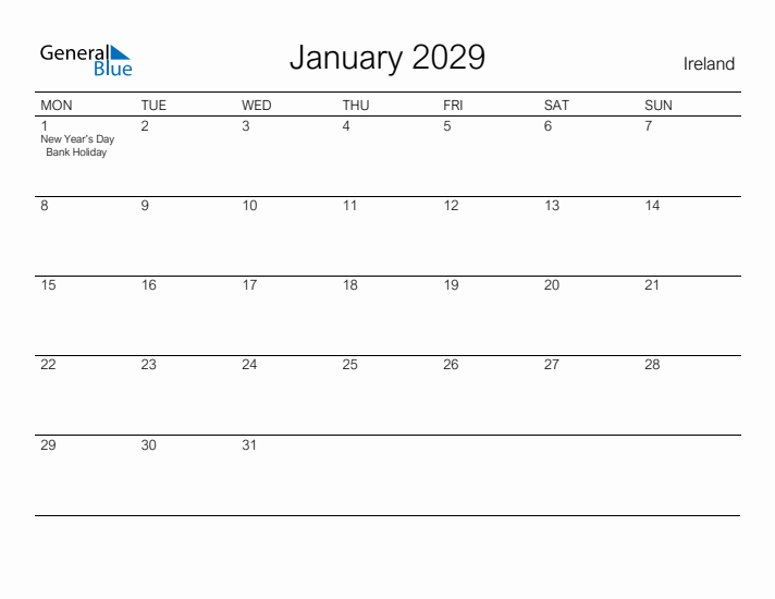 Printable January 2029 Calendar for Ireland