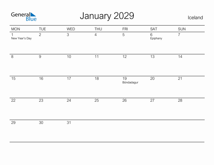 Printable January 2029 Calendar for Iceland