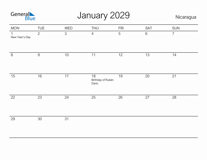 Printable January 2029 Calendar for Nicaragua