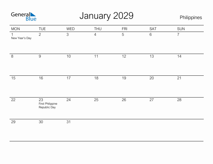 Printable January 2029 Calendar for Philippines